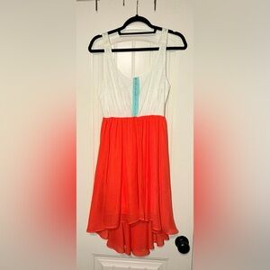 Daytrip White, Coral & Aqua High-Low Midi Dress